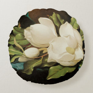 Giant Magnolias on a Blue Velvet Cloth by MJ Heade Round Cushion