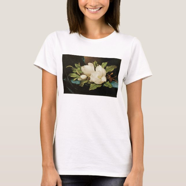 Giant Magnolias on a Blue Velvet Cloth by MJ Heade T-Shirt (Front)
