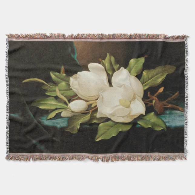 Giant Magnolias on a Blue Velvet Cloth by MJ Heade Throw Blanket (Front)