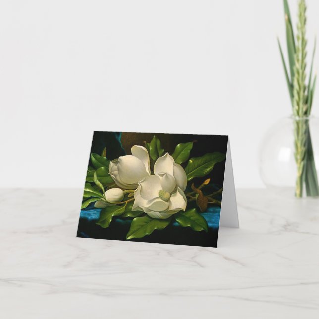 Giant Magnolias on a Blue Velvet Cloth Note Card (Front)