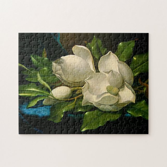 Giant Magnolias on a Blue Velvet Cloth Puzzle (Horizontal)