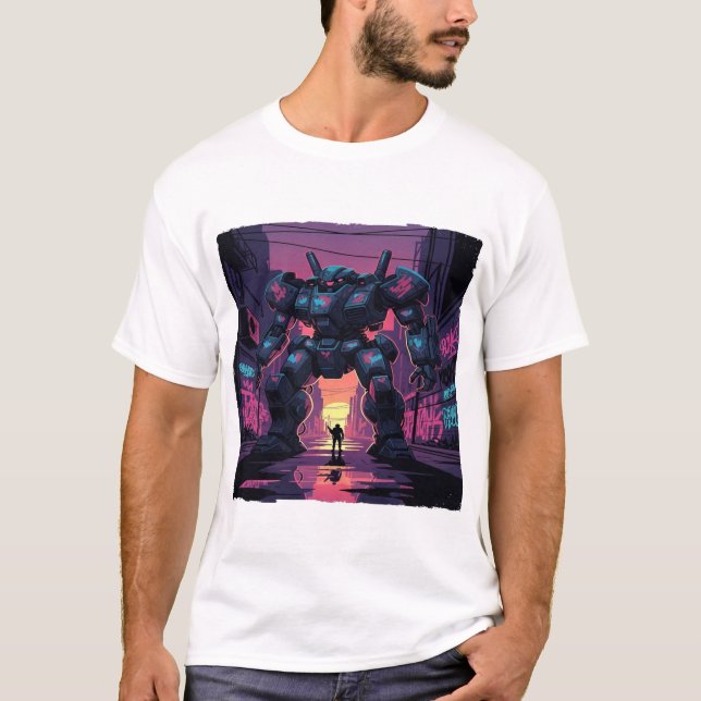 Giant Mech Robot vs Human | Cyberpunk City Sunset  T-Shirt (Front)