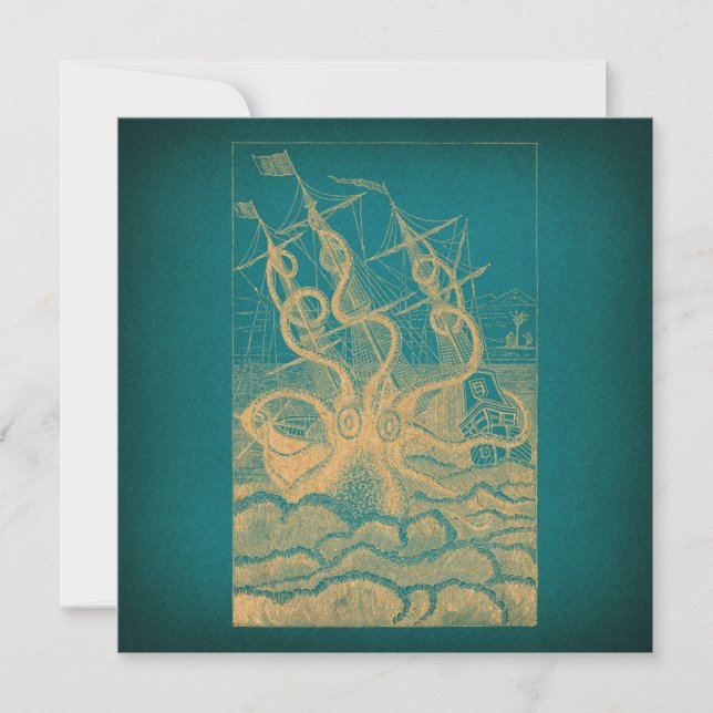 Giant Octopus Attacking Ship Teal Antique Kraken Card (Front)