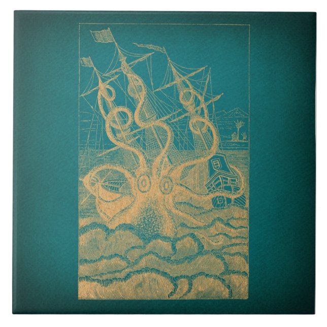 Giant Octopus Attacking Ship Teal Antique Kraken Ceramic Tile (Front)