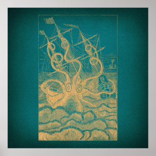 Giant Octopus Attacking Ship Teal Antique Kraken Poster