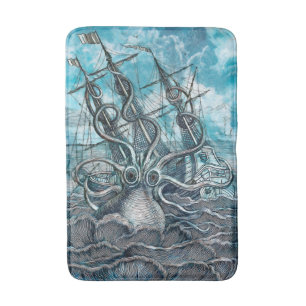 Giant Octopus Blue Sea Monster Sailboat Bath Mat