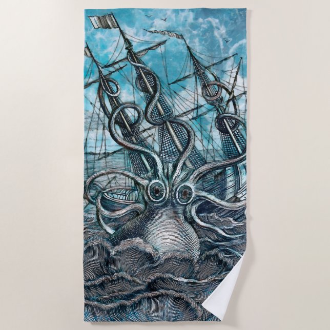 Giant Octopus Blue Sea Monster Sailboat Beach Towel (Front)