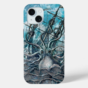 Giant Octopus Blue Sea Monster Sailboat  iPhone 15 Case