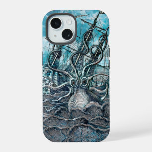 Giant Octopus Blue Sea Monster Sailboat iPhone 15 Case