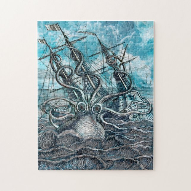 Giant Octopus Blue Sea Monster Sailboat Jigsaw Puzzle (Vertical)