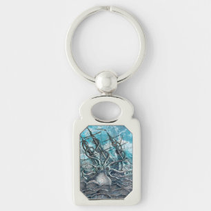 Giant Octopus Blue Sea Monster Sailboat  Key Ring