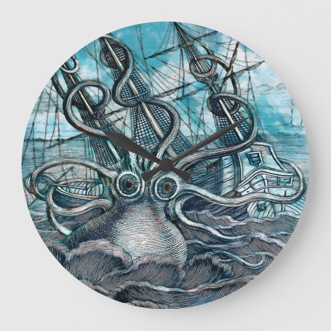 Giant Octopus Blue Sea Monster Sailboat Large Clock (Front)