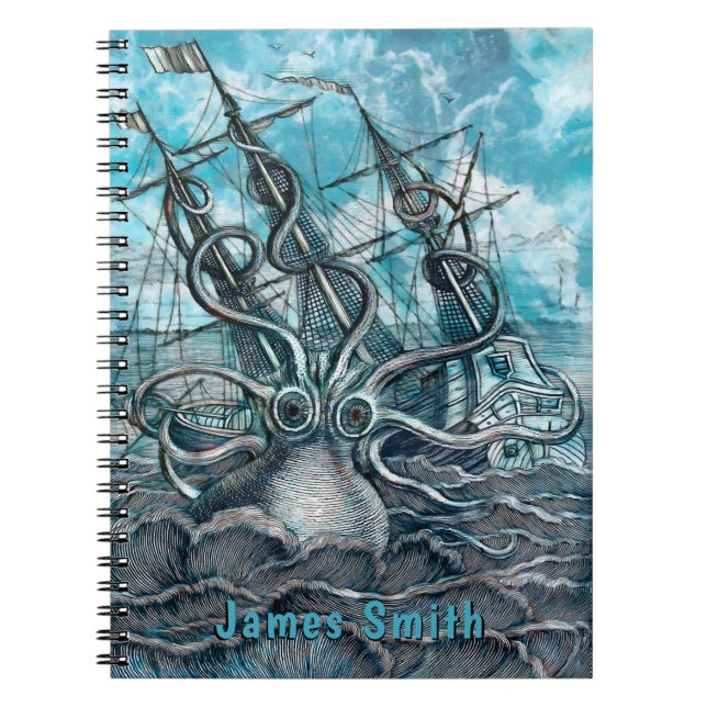 Giant Octopus Blue Sea Monster Sailboat Monogram Notebook (Front)