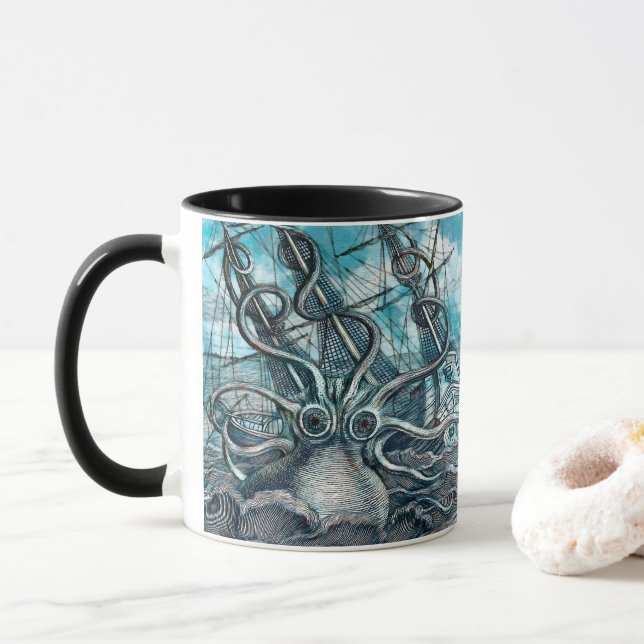 Giant Octopus Blue Sea Monster Sailboat Mug (With Donut)
