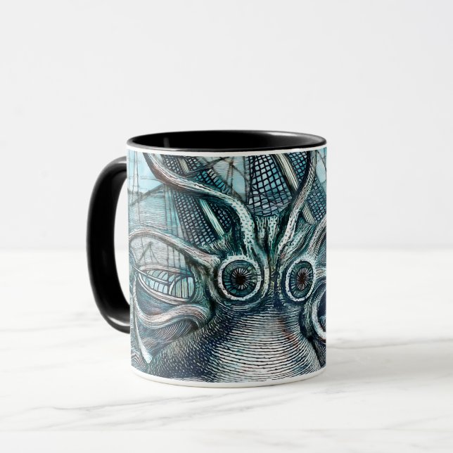 Giant Octopus Blue Sea Monster Sailboat Mug (Front Left)