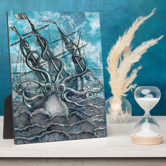 Giant Octopus Blue Sea Monster Sailboat  Plaque (Side)