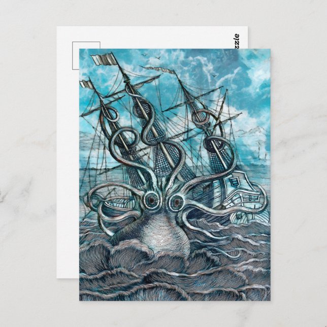 Giant Octopus Blue Sea Monster Sailboat Postcard (Front/Back)