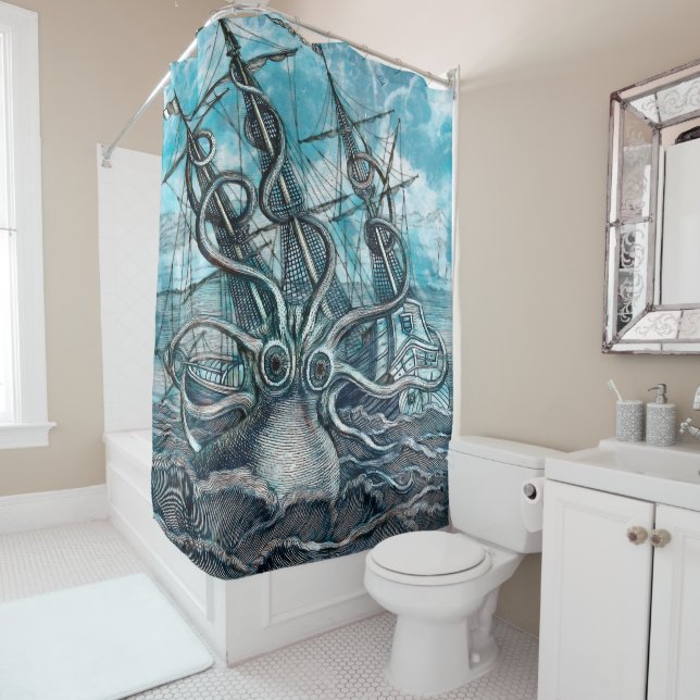Giant Octopus Blue Sea Monster Sailboat Shower Curtain (In Situ)
