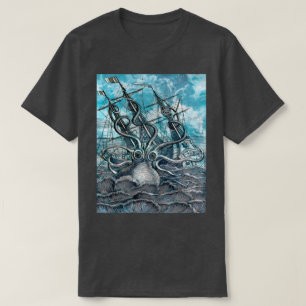 Giant Octopus Blue Sea Monster Sailboat  T-Shirt