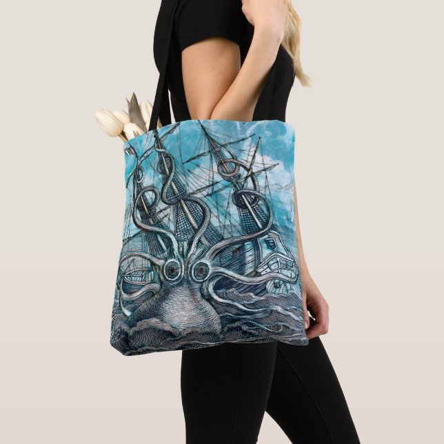Giant Octopus Blue Sea Monster Sailboat  Tote Bag (Close Up)