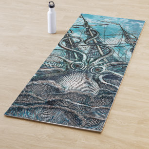 Giant Octopus Blue Sea Monster Sailboat  Yoga Mat