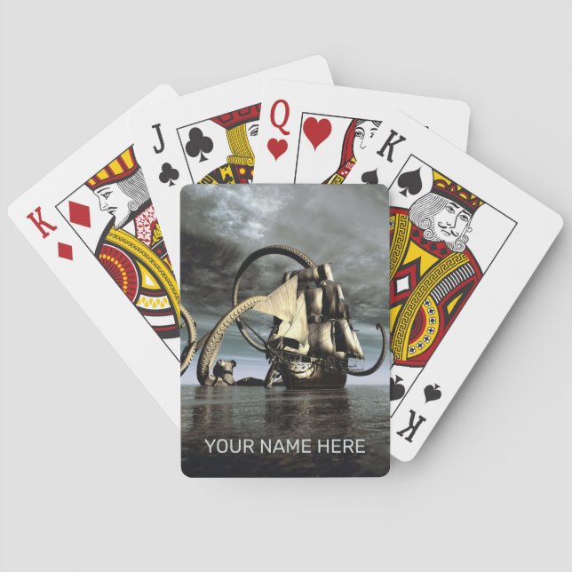 Giant octopus bringing down a pirate ship playing cards (Back)