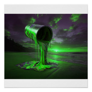 Giant Paint Can Pours Paint Onto Sunset Beach Poster