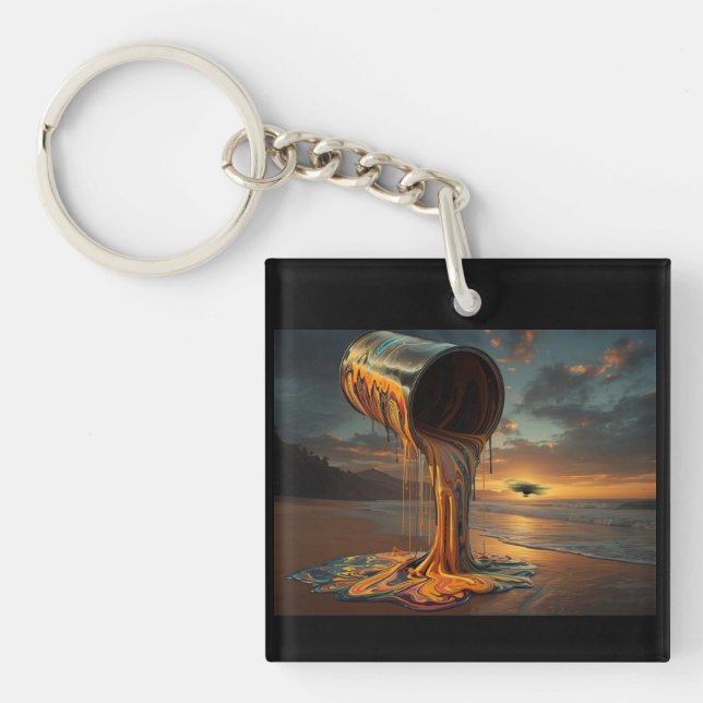 Giant Paintcan Pours Paint Onto Sunset Beach Key Ring (Front)