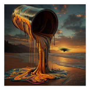 Giant Paintcan Pours Paint Onto Sunset Beach Poster