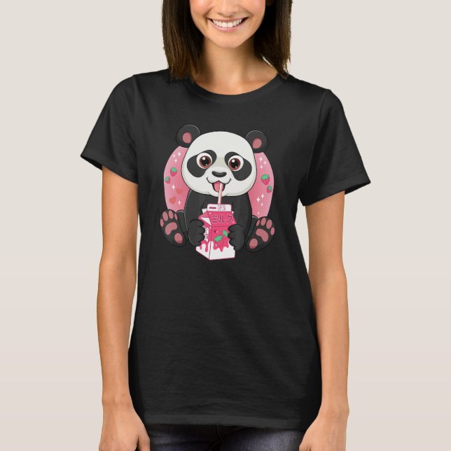 Giant Panda Bear Drinking Strawberry Milk T-Shirt (Front)