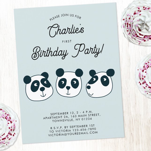 Giant Panda Bear First Birthday Party Invitation Postcard (Cute panda bear animal themed personalized first birthday party invitation)