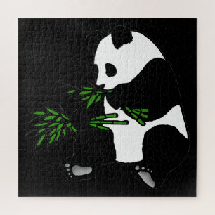 Giant Panda Eats Bamboo Black Jigsaw Puzzle