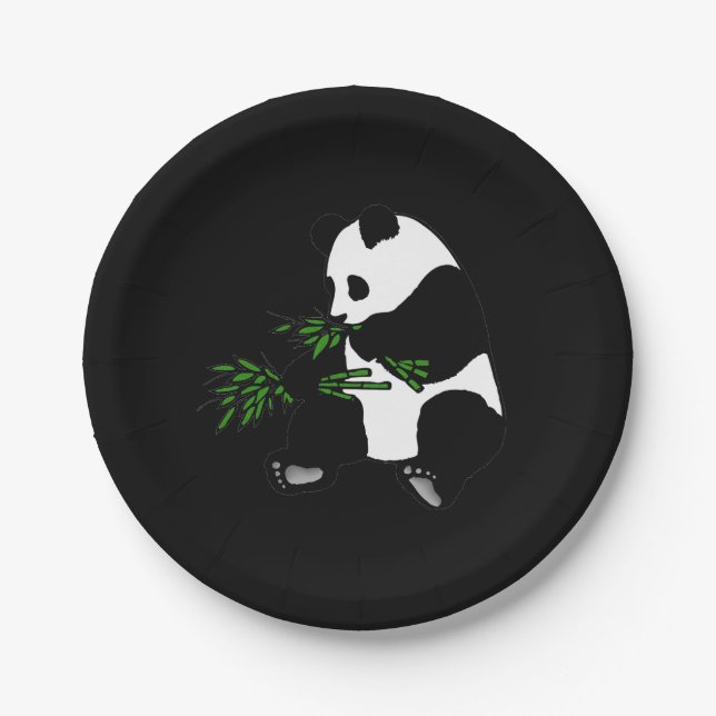 Giant Panda Eats Bamboo Black Paper Plate (Front)