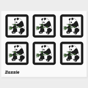 Giant Panda Eats Bamboo Black Square Sticker