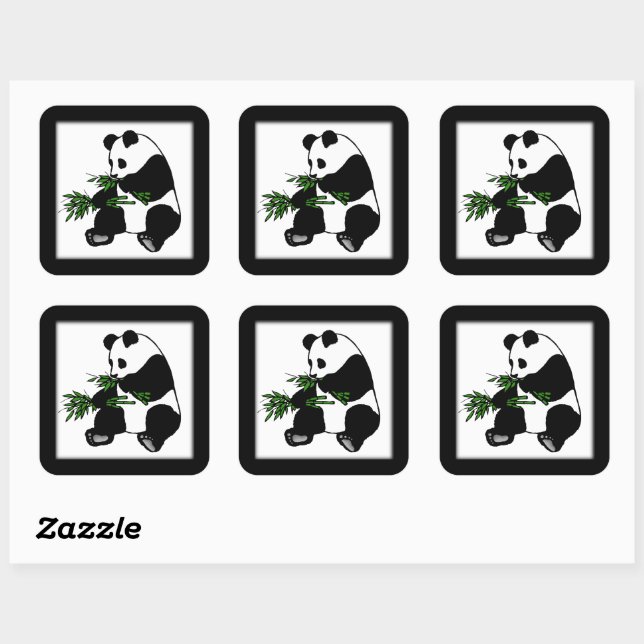 Giant Panda Eats Bamboo Black Square Sticker (Sheet)