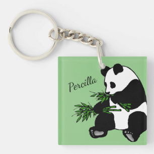 Giant Panda Eats Bamboo Name Key Ring