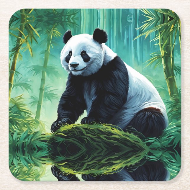 Giant Panda in Bamboo Forest Square Paper Coaster (Front)