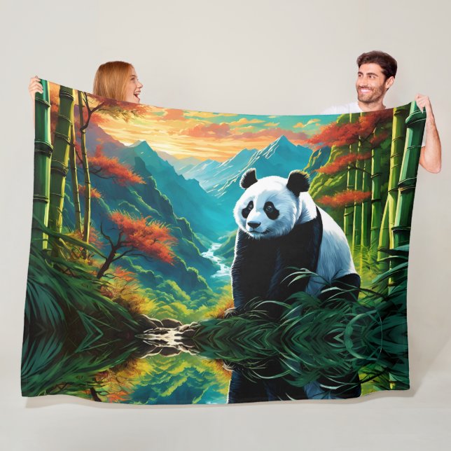 Giant Panda in Colourful Mountain Bamboo Forest Fleece Blanket (In Situ)