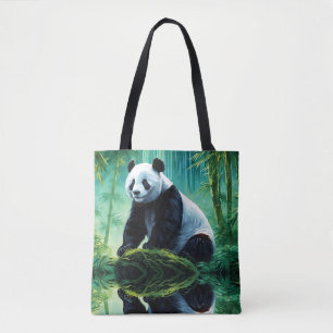 Giant Panda in Green Bamboo Forest  Tote Bag