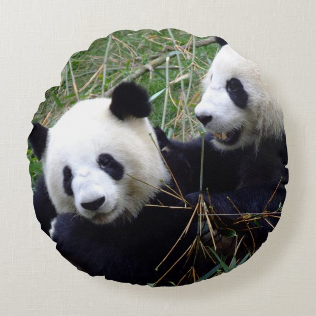 Giant Panda Playing & Love Round Cushion (Front)