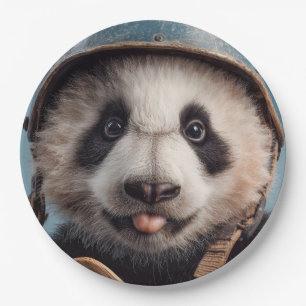 Giant Panda Portrait with Vintage Blue Helmet Paper Plate