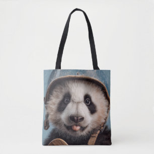 Giant Panda Portrait with Vintage Blue Helmet Tote Bag