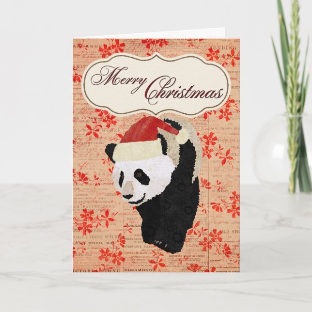 Giant Panda Red Floral Christmas Card (Front)