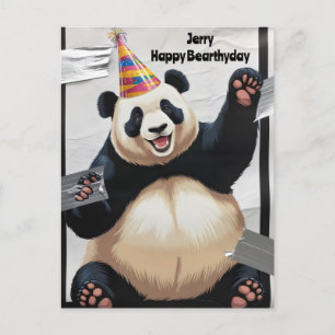 Giant panda sitting up wearing birthday hat postcard