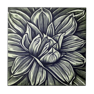 Giant Peony Flower Pattern in Black and White Ceramic Tile