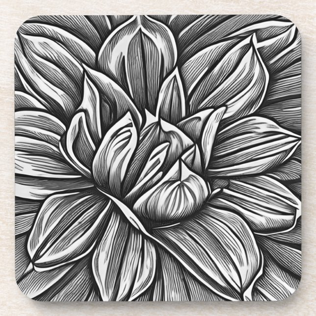 Giant Peony Flower Pattern in Black and White Coaster (Front)