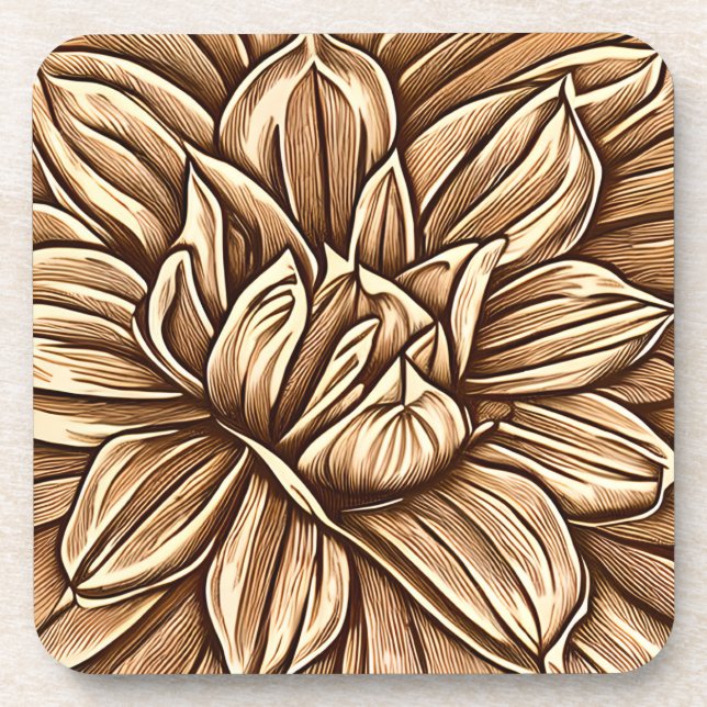 Giant Peony Flower Pattern in Brown and Beige Coaster (Front)