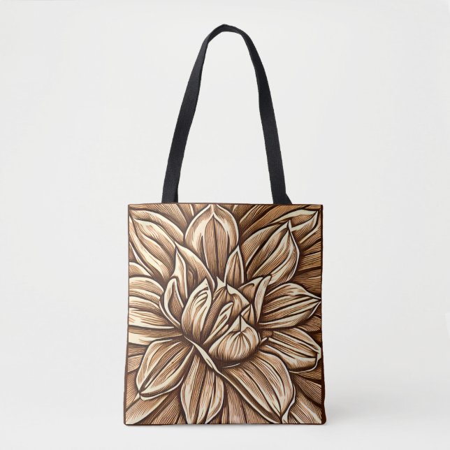 Giant Peony Flower Pattern in Brown and Beige Tote Bag (Front)
