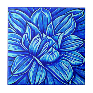 Giant Peony Flower Pattern in Indigo Blue Ceramic Tile