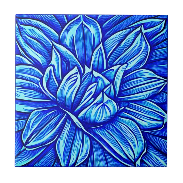 Giant Peony Flower Pattern in Indigo Blue Ceramic Tile (Front)
